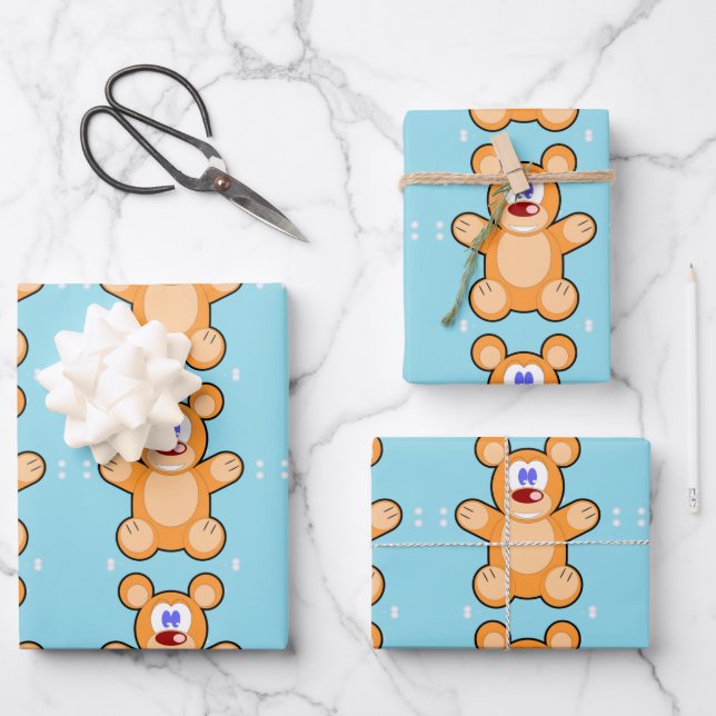 cute teddy bear on blue wrapping paper sheets (Front)