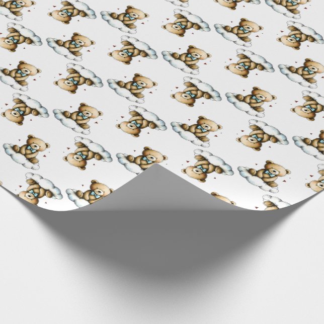 Cute Teddy Bear on Fluffy Cloud Blue Bow Tie Wrapping Paper (Corner)