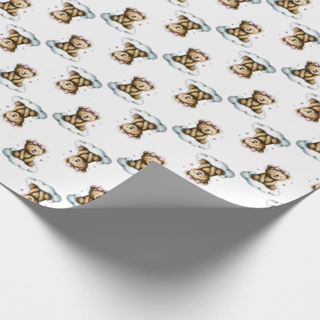 Cute Teddy Bear on Fluffy Cloud Pink Hair Bow Wrapping Paper (Corner)
