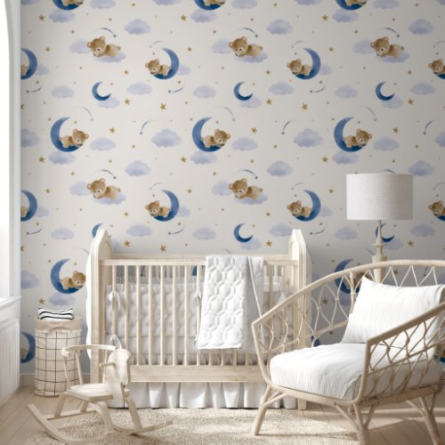 Cute Teddy Bear On Moon Soft Peach Nursery  Wallpaper