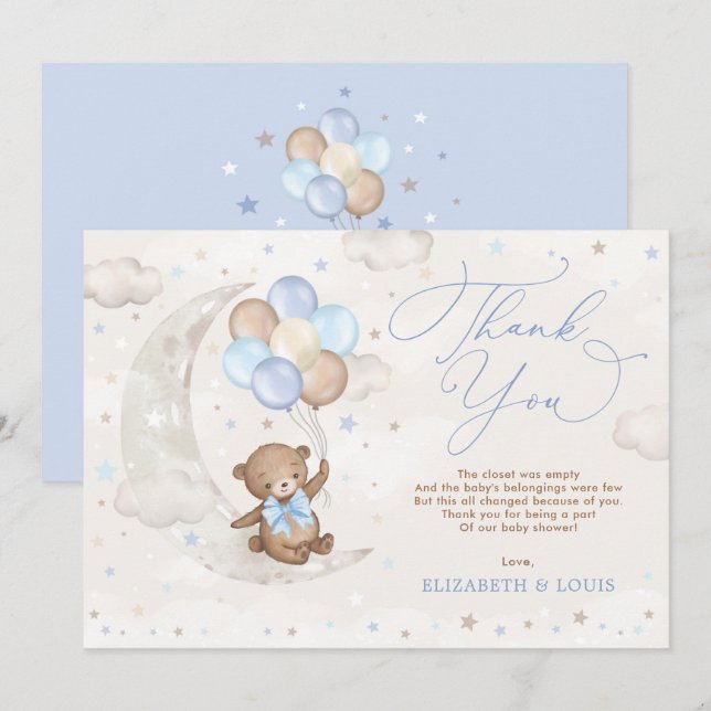 Cute Teddy Bear on Moon with Blue Brown Balloons Thank You Card (Front/Back)