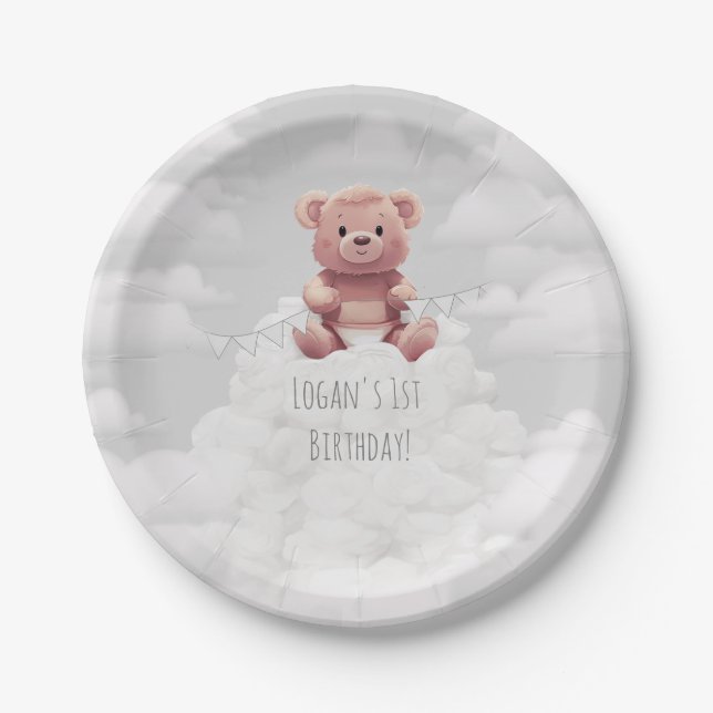 cute teddy bear on pile of diapers 1st birthday  paper plates (Front)