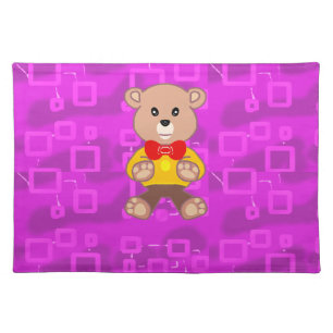 Cute Teddy Bear on Pink Geometric Cloth Placemat