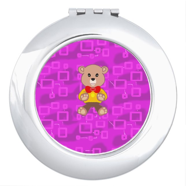 Cute Teddy Bear on Pink Geometric  Compact Mirror (Front)