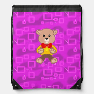 Cute Teddy Bear on Pink Geometric  Drawstring Bag