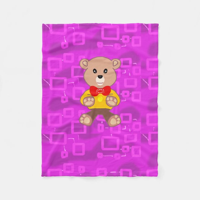 Cute Teddy Bear on Pink Geometric Fleece Blanket (Front)