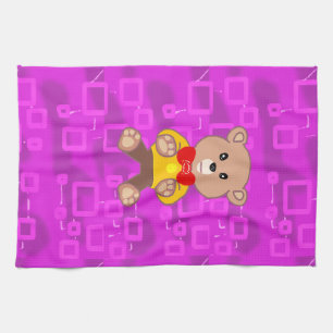 Cute Teddy Bear on Pink Geometric Kitchen Towel