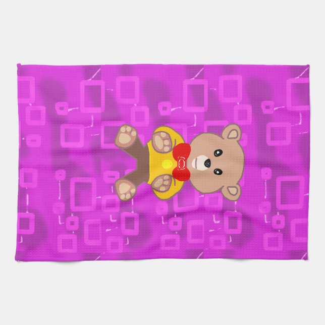 Cute Teddy Bear on Pink Geometric  Kitchen Towel (Horizontal)