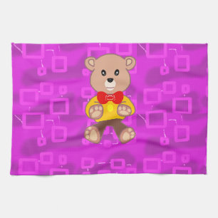 Cute Teddy Bear on Pink Geometric Kitchen Towel