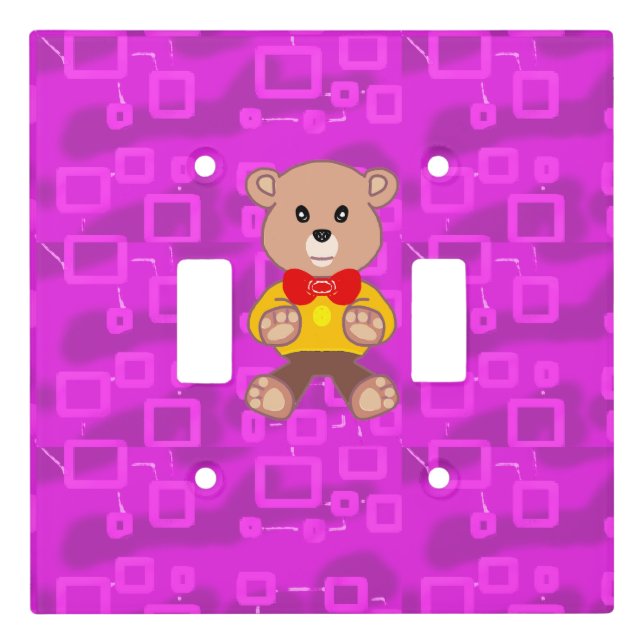 Cute Teddy Bear on Pink Geometric  Light Switch Cover (Front)