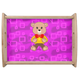 Cute Teddy Bear on Pink Geometric  Serving Tray