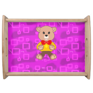 Cute Teddy Bear on Pink Geometric Serving Tray