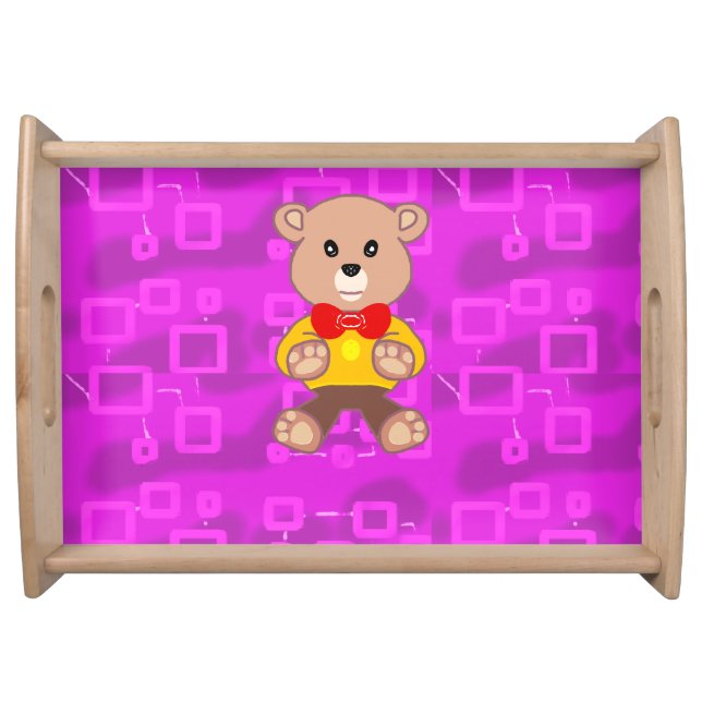 Cute Teddy Bear on Pink Geometric  Serving Tray (Front)