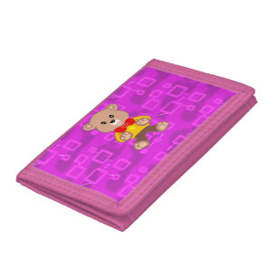 Cute Teddy Bear on Pink Geometric Tri-fold Wallet
