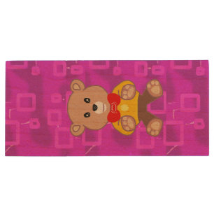 Cute Teddy Bear on Pink Geometric  Wood Flash Drive