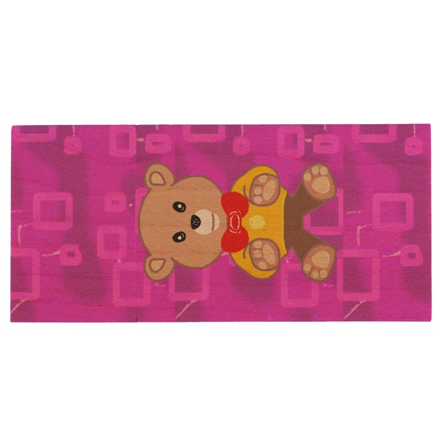Cute Teddy Bear on Pink Geometric  Wood Flash Drive (Back)