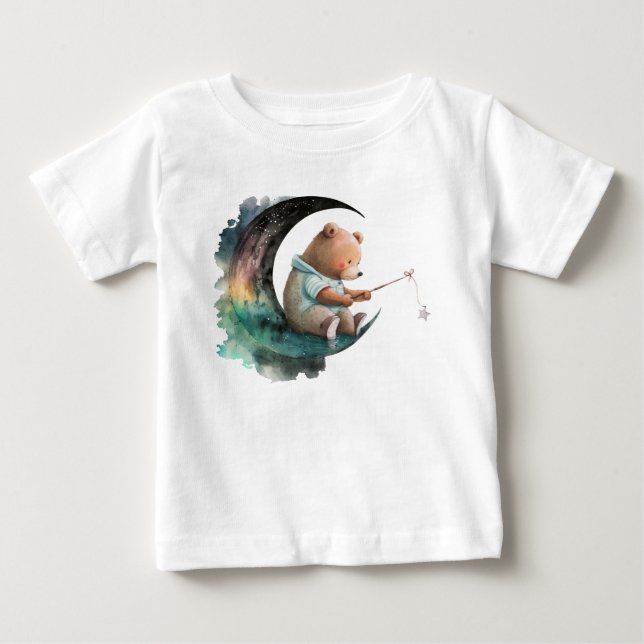 Cute Teddy Bear on the Moon, Plush Cartoon Bear Baby T-Shirt (Front)