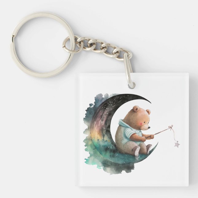 Cute Teddy Bear on the Moon, Plush Cartoon Bear T- Keychain (Front)