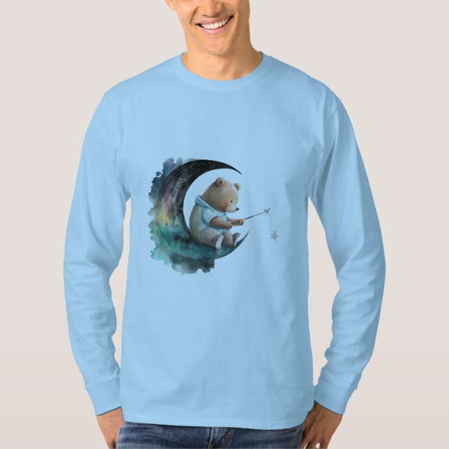 Cute Teddy Bear on the Moon, Plush Cartoon Bear T-Shirt (Front)