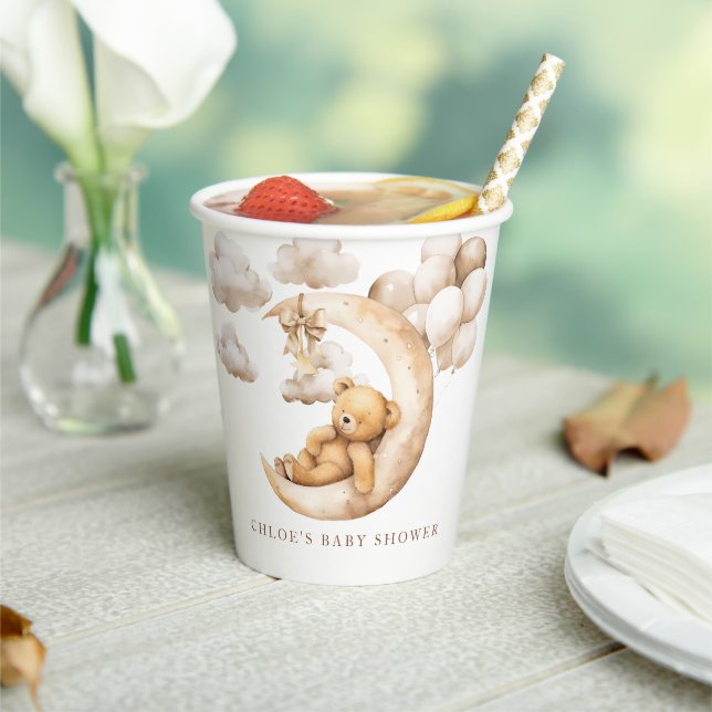 Cute Teddy Bear Over the Moon Baby Shower Neutral Paper Cups (Insitu)