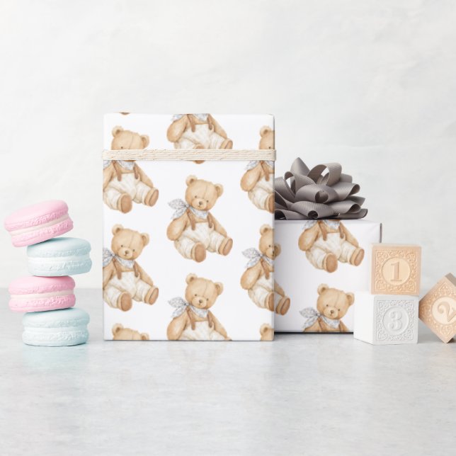 Cute Teddy Bear Overalls Baby Shower Wrapping Paper (Baby Shower)