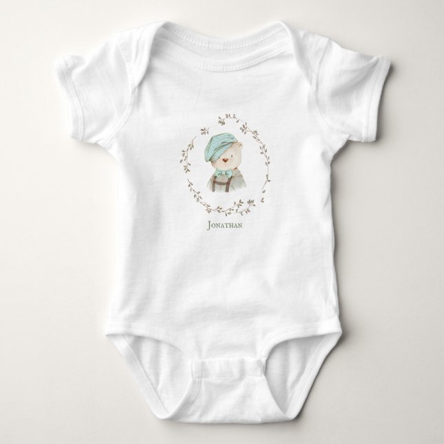 Cute Teddy Bear Overalls Hat Personalized Name Baby Bodysuit (Front)