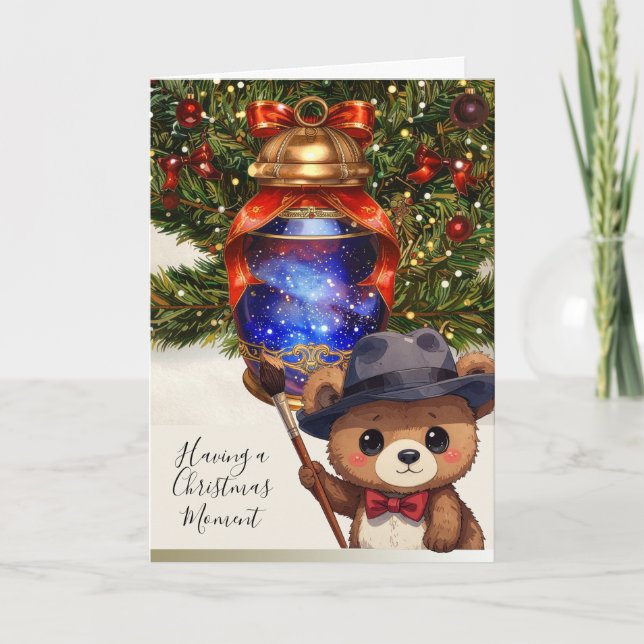 Cute Teddy Bear Painting A Christmas Tree Lantern Holiday Card (Front)
