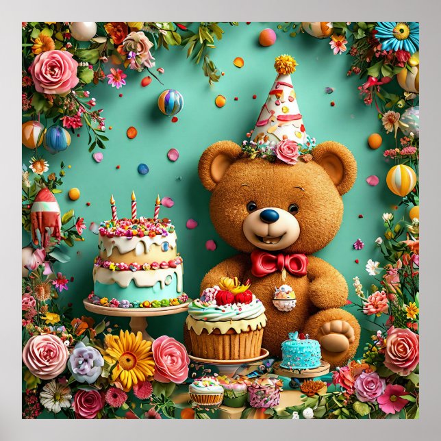 Cute Teddy Bear Party Wall Art, Kids Birthday Room Poster (Front)