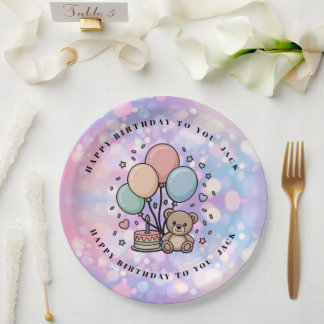 Cute Teddy Bear & Pastel Balloons Birthday Party Paper Plates