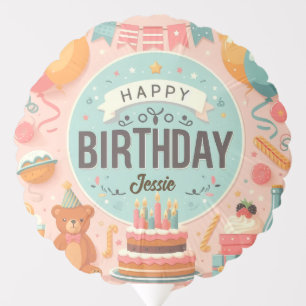 Cute Teddy Bear Pastel Pink Happy Birthday Balloon