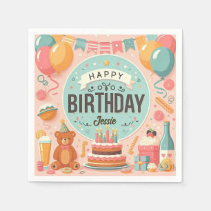 Cute Teddy Bear Pastel Pink Happy Birthday Napkins