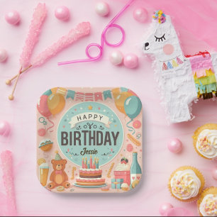 Cute Teddy Bear Pastel Pink Happy Birthday Paper Plates