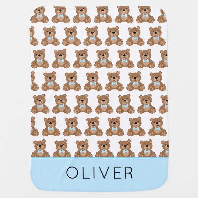 Cute Teddy Bear Pattern Personalized Boy Baby Blanket (Front)