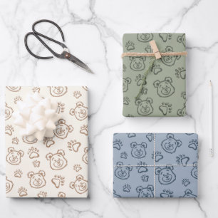 Cute Teddy Bear Paws Modern Boho Boy Baby Kids Wrapping Paper Sheets