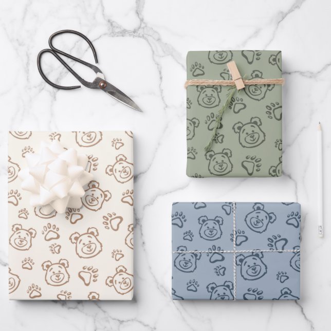 Cute Teddy Bear Paws Modern Boho Boy Baby Kids Wrapping Paper Sheets (Front)