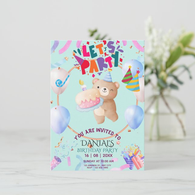 Cute Teddy Bear Personalized Birthday Invitation  (Standing Front)