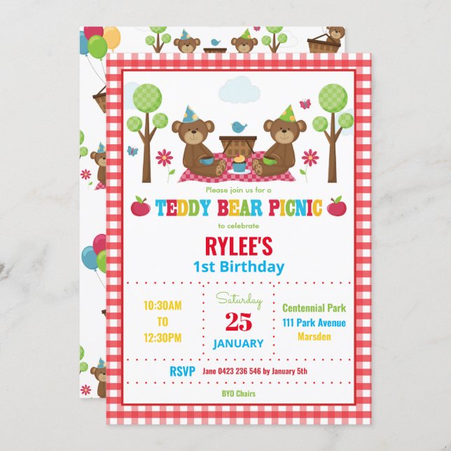 Cute Teddy Bear Picnic 1st Birthday Party Boy Girl Invitation (Front/Back)