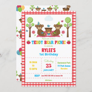 Cute Teddy Bear Picnic 1st Birthday Party Boy Girl Invitation
