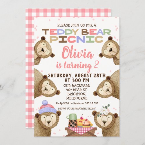 Cute Teddy Bear Picnic Birthday Invitation Girl