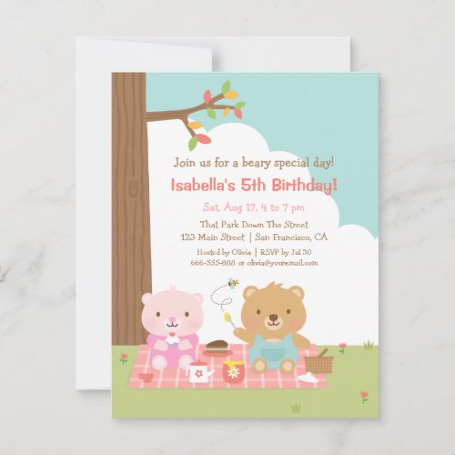 Cute Teddy Bear Picnic Outdoor Kids Birthday Party Invitation