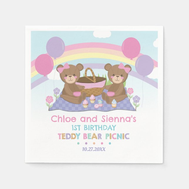 Cute Teddy Bear Picnic Rainbow Twins Girl Birthday Napkins (Front)