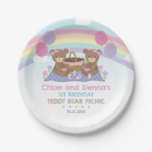 Cute Teddy Bear Picnic Rainbow Twins Girl Birthday Paper Plates