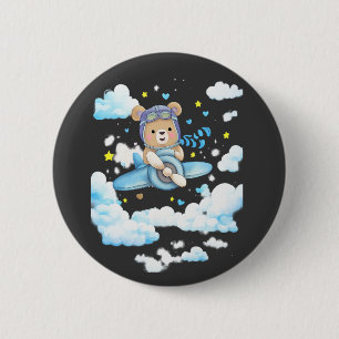Cute Teddy Bear Pilot Airplane Button