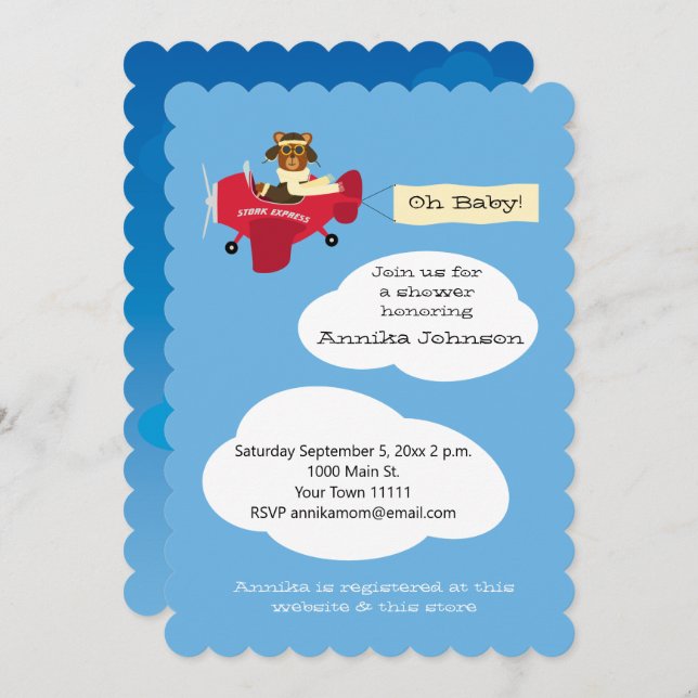 Cute Teddy Bear Pilot Airplane Gender Neutral Invitation (Front/Back)