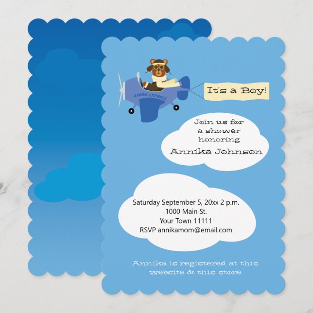 Cute Teddy Bear Pilot Airplane It's a Boy Invitation (Front/Back)