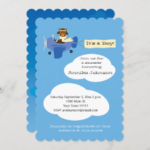 Cute Teddy Bear Pilot Airplane It's a Boy Invitation