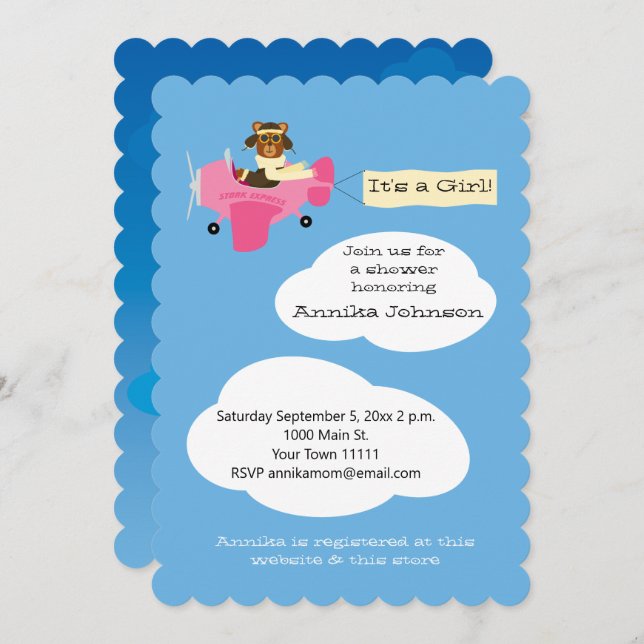 Cute Teddy Bear Pilot Airplane It's a Girl Invitation (Front/Back)