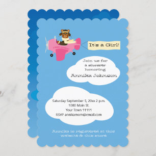 Cute Teddy Bear Pilot Airplane It's a Girl Invitation