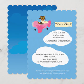 Cute Teddy Bear Pilot Airplane It's a Girl Invitation