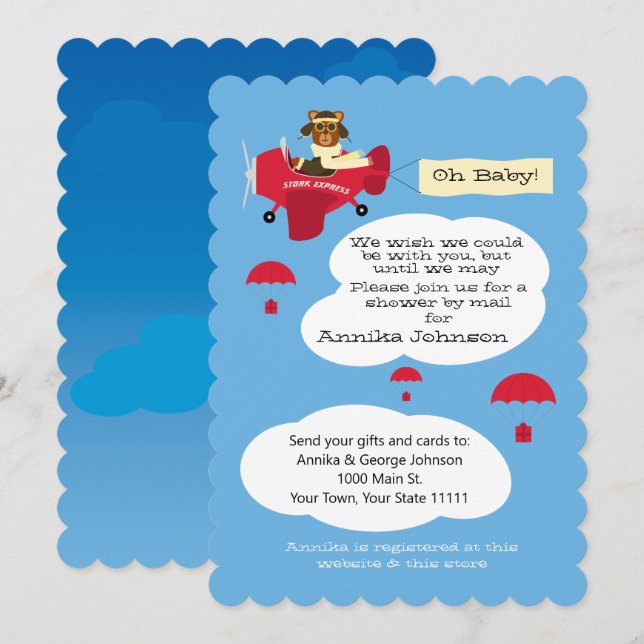 Cute Teddy Bear Pilot Airplane Shower by Mail Invitation (Front/Back)